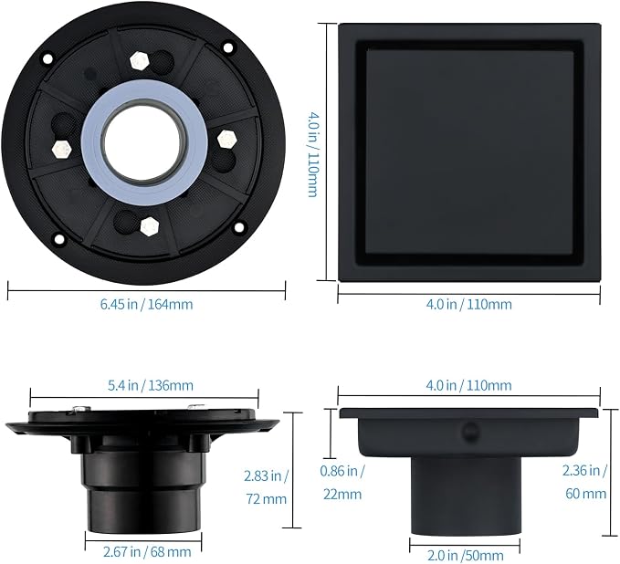 4-Inch Square Shower Drain, Matte Black Floor Drain with Flange, 304 Stainless Steel Bathroom 2-in-1 Tile Drain