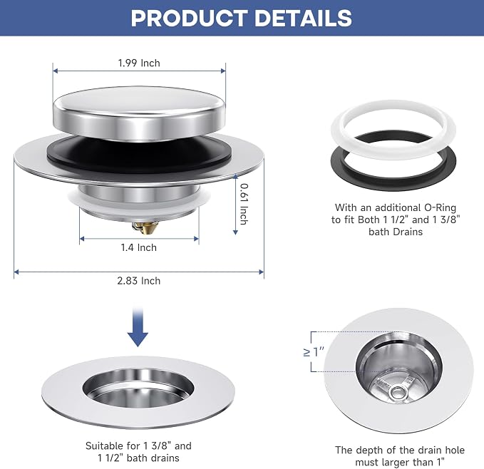 Chrome Plated Universal Tip Toe Tub Stopper and Water Stopper, Pop Up Bathtub Drains Plug, Bathroom Bath Tub Drain Stoppers, Replaces Lift and Turn, Tip-Toe and Trip Lever drains for Tub, EZ Install