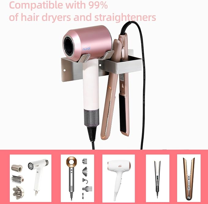 Hair Dryer Holder Wall Mounted, Hair Tool Organizer Wall Mount for Bathroom, Stainless Steel Hair Dryer Holder, Blow Dryer Holder Adhesive/Drilling Hair Dryer and Straightener Holder UEMUSI