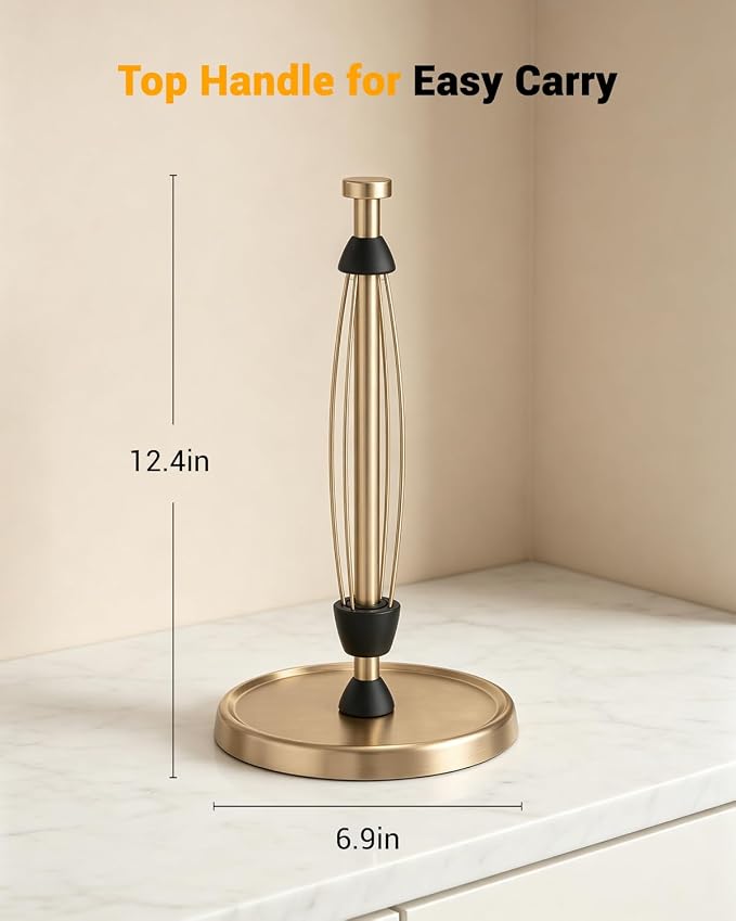 Paper Towel Holder Countertop, Gold Kitchen Accessories Decor, Stainless Steel, Weighted Base, Warm Gold, Paper Towel Roll Holder Stand with Ratchet Mechanism for Kitchen Bathroom Farmhouse Essentials