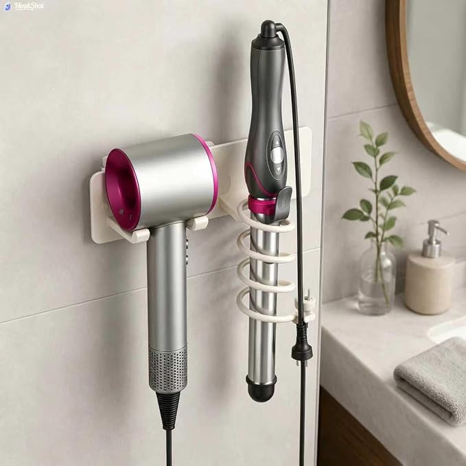 2-in-1 Wall Mount Hair Tool Organizer Hair Dryer Holder, White | Universal storage rack for blow dryer and curling iron in bathroom