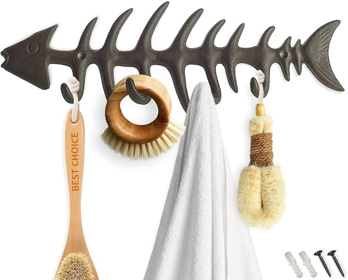 Comfify Rust Brown Fish Bones Cast Iron Wall Hook Rack – 4 Hooks, Screws | Rust Brown; fish bones cast iron; 25"L x 3.34"H; 4 hooks; screws & anchors included; coastal nautical decor