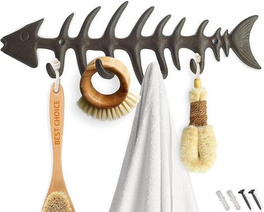 Comfify Rust Brown Fish Bones Cast Iron Wall Hook Rack – 4 Hooks, Screws | Rust Brown; fish bones cast iron; 25"L x 3.34"H; 4 hooks; screws & anchors included; coastal nautical decor