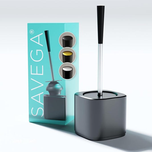 Toilet Plunger with Holder and Drip Tray Caddy – Silver | Heavy-duty toilet plunger with enclosed plastic holder and strong steel handle in silver for clean storage