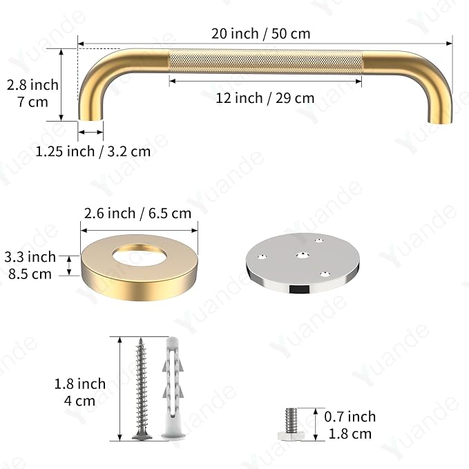 20 Inch Brushed Gold Shower Grab Bar with Anti-Slip Knurled Grip,YuanDe Stainless Steel Bathroom Grab Bars，Shower Handrail Support, Handicap Elderly Balance Assist Handles