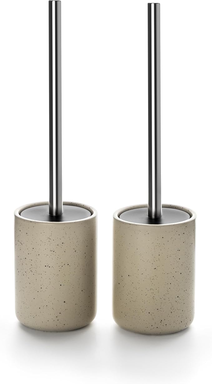 Ceramic Toilet Brush and Holder Set, Toilet Bowl Cleaner Brush | Freestanding Deep-Cleaning, Stainless Steel Handle, Small & Sturdy for Storage, Easy to Clean, Non-Scratching