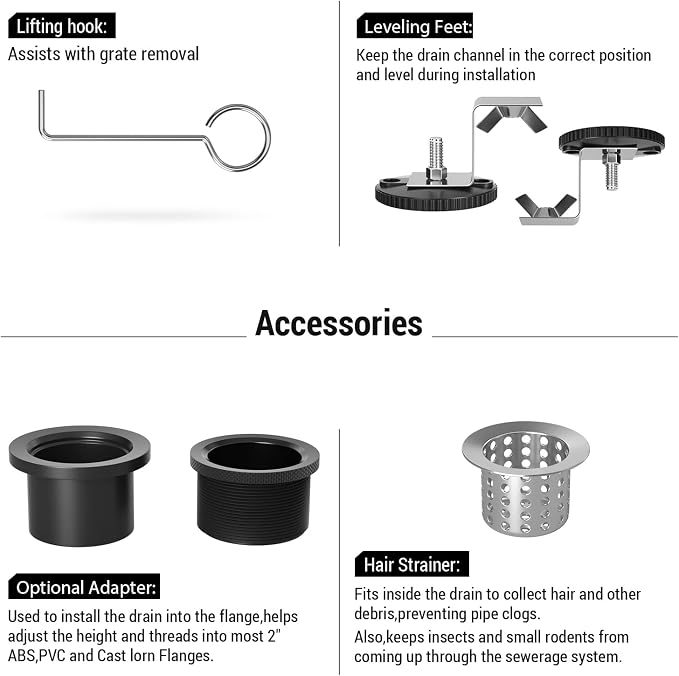 EXF Linear Shower Drain 26 Inch Matte Black with Reversible Flat & Tile Insert Cover, Stainless Steel Rectangle Shower Floor Drain with Hair Catcher, Adjustable Feet