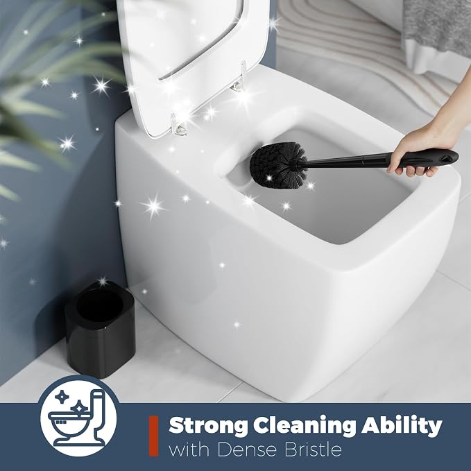 Holaloha Toilet Brush and Holder Set, Space Saving, 2 Pack, Black | Bathroom Accessories, Ergonomic Silicone Handle, Dense Bristles, Deep Cleaning, Scrubber, Compact Design