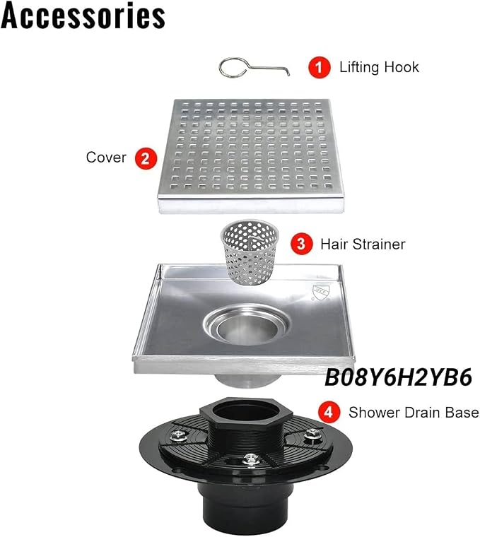 Square Shower Drain, Shower Drain 6 inch with Removable Grate Cover, Corrosion Resistant AISI 304 Stainless Steel Shower Floor Drain with Hair Catcher