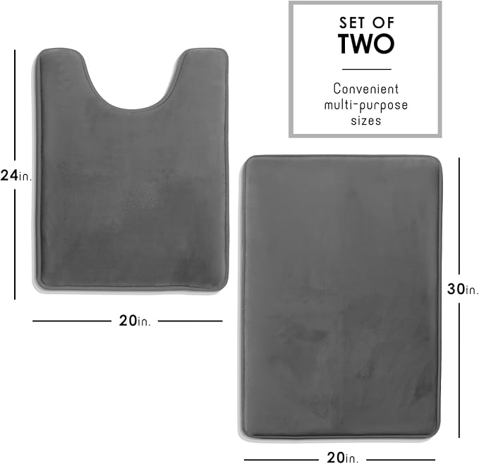 Clara Clark 2 Piece Bathroom Rugs, Velvet Memory Foam Bath Mat Set, Non-Slip Bath Rugs, Machine Wash, Dries Quickly, Ultra Soft Plush Bath Mats for Bathroom, 20 x 32 + Contour, Dark Grey