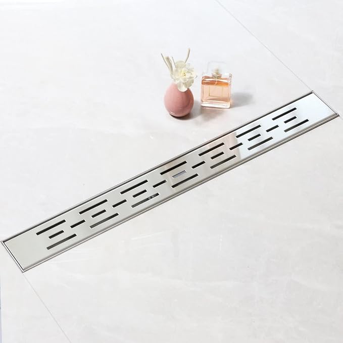 Linear Shower Drain, Shower Drain with bar Pattern Grate, Professional Brushed 304 Stainless Steel, High Flow, Hair Catcher Shower Drain (18 inch)