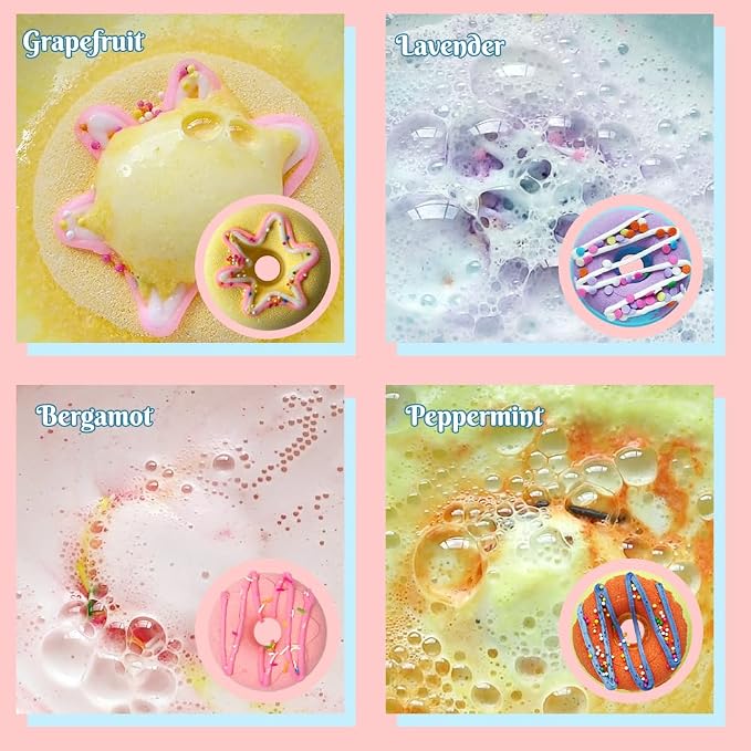 KAV Donut Bath Bombs Gift Set – 4 Piece Handmade Organic Bath Bomb Kit with Essential Oils – Relaxation Spa Gift for Women, Men, Teens, Kids – Self Care & Aromatherapy Soak