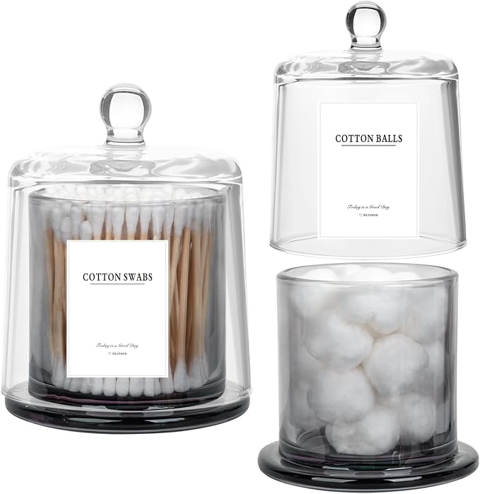 Qtip Holder Apothecary Jars with Lid, 2 Pack Thick Glass, Gray | Bathroom Canisters Vanity Organizer for Cotton Balls, Swabs, Candy, Jewelry, Makeup Storage, Bathroom Decor