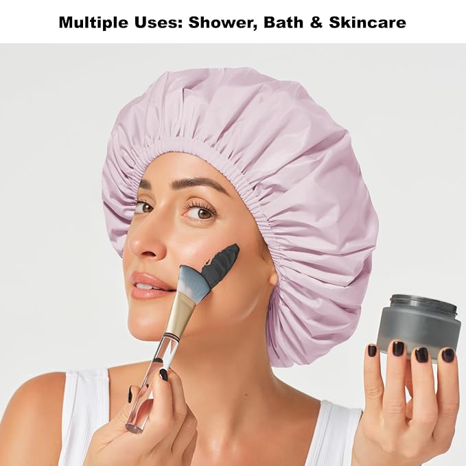2 Pack Shower Caps for Women, Reusable Waterproof Shower Cap with Elastic Band, Thickened Waterproof Fabric Shower Bonnet for Braids, Long Hair