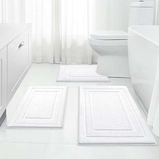 HOMEIDEAS White Bathroom Rugs Set of 3, Non Slip Bath Mats | Super Absorbent, Plush Microfiber, Machine Washable, Stain Resistant, Easy Care, Perfect for Modern Bathroom Decor