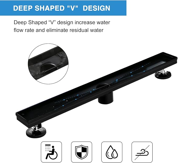 Linear Shower Drain 32 inch Black, Brushed 304 Stainless Steel | Leveling Feet,Bar Pattern Grate, High Flow Drainage, Detachable Hair Catcher for Bathroom Shower Renovation