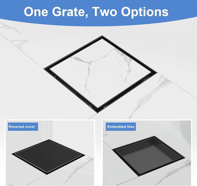 6-Inch Square Shower Drain with Tile Insert Grate, SUS 304 Stainless Steel Shower Floor Drain Kit with Hair Strainer (Matte Black)