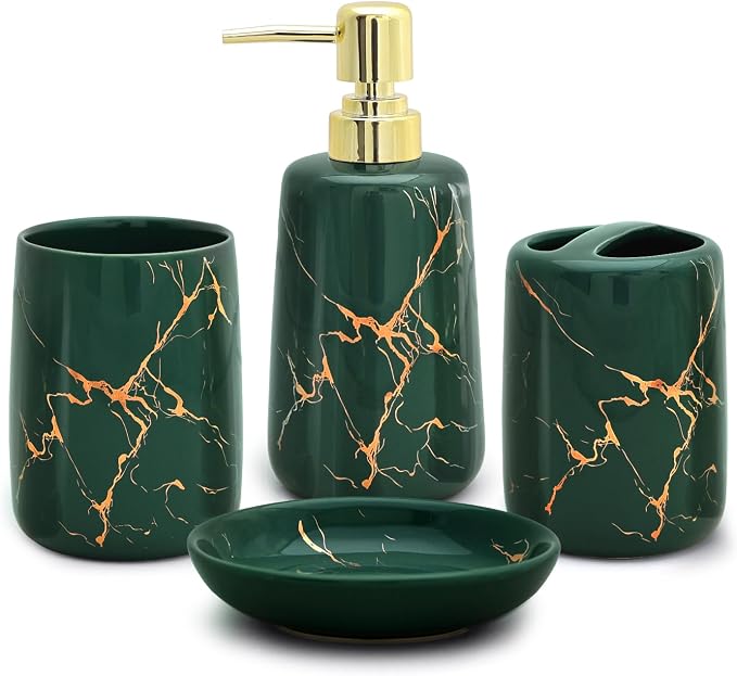 CERBIOR Bathroom Accessories Set,4 Pcs Ceramic Bathroom Accessory,Green | Includes Toothbrush Holder, Toothbrush Cup, Soap Dish for Decorative Countertop and Housewarming Gift