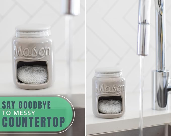 Comfify Grey Mason Jar Ceramic Sponge Holder – Farmhouse Sink Caddy | Grey; mason jar ceramic; 5"H x 3.75" diameter; includes nylon scrubby; embossed 'MASON'; decorative lid; farmhouse