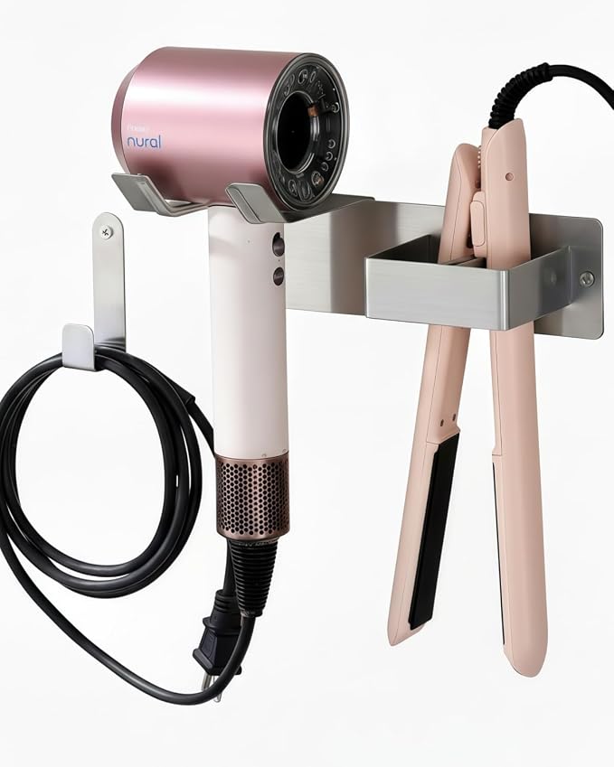 Hair Dryer Holder Wall Mounted, Hair Tool Organizer Wall Mount for Bathroom, Stainless Steel Hair Dryer Holder, Blow Dryer Holder Adhesive/Drilling Hair Dryer and Straightener Holder UEMUSI