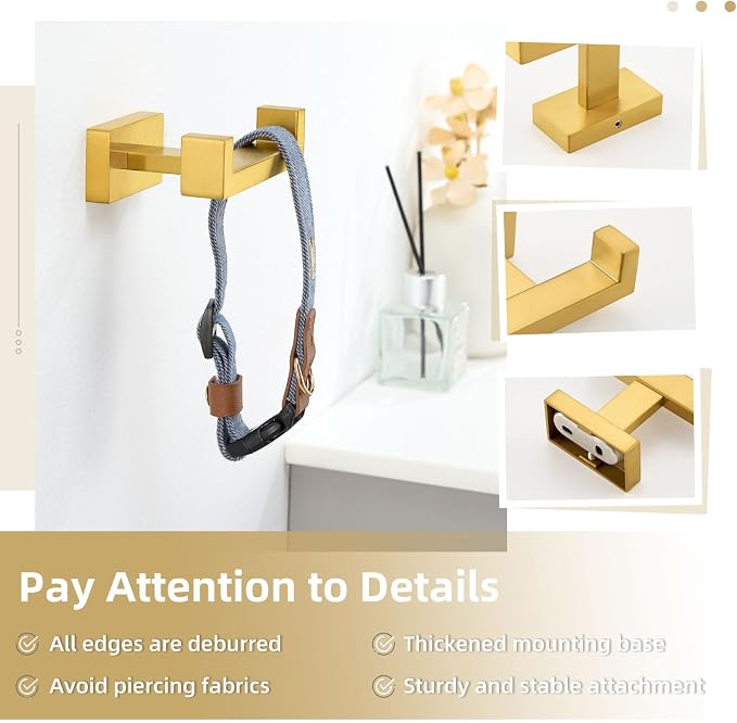 Angle Simple Towel Hook for Bathroom, SUS 304 Stainless Steel Hand Towel Holder, Double Robe Coat Hook for Wall, Brushed Dark Gold
