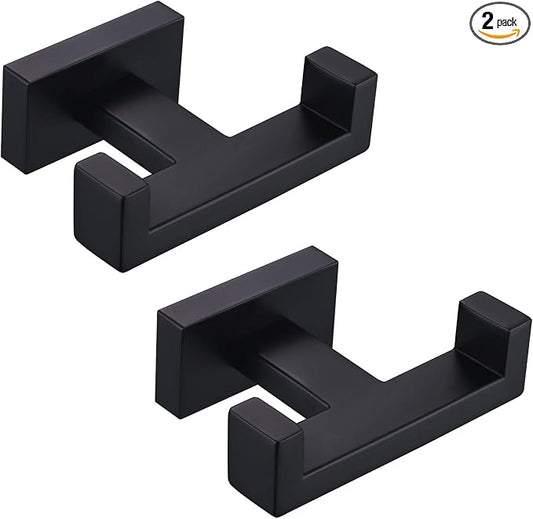 Angle Simple Bathroom Towel Hooks, SUS304 Stainless Steel Shower Double Robe Coat Hooks for Wall, Matte Black, 2 Pack