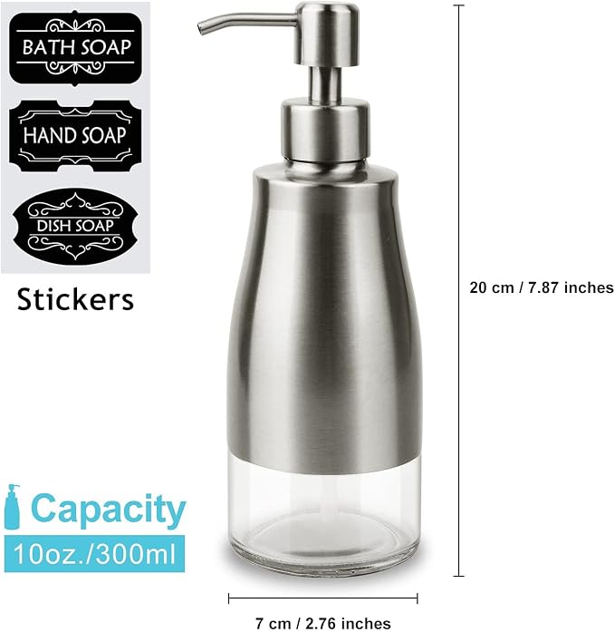 AUMIO 2 Pack Soap Dispenser Stainless Steel Case Glass Liner Hand Pump Dispenser, Refillable Liquid Hand Soap Dispenser for Bathroom & Kitchen - Brushed Nickel