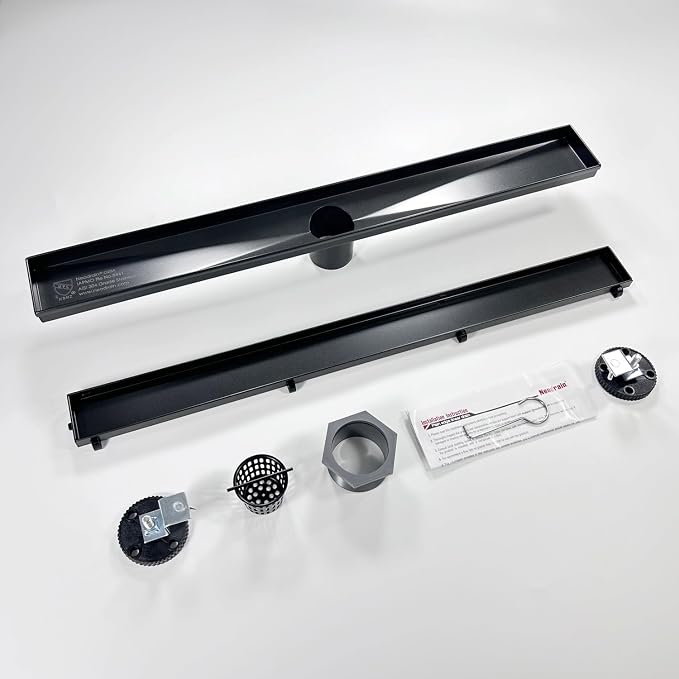Neodrain 24-Inch Linear Shower Drain,with 2-in-1 Flat & Tile Insert Shiny Black Cover, Rectangle Shower Floor Drain, Floor Shower Drain with Adjustable Leveling Feet, Hair Strainer