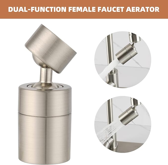 Hibbent Faucet Aerator, 360 Degree Kitchen Sink Faucet Aerator, Dual-function Swivel Big Angle Kitchen Faucet Attachment, Faucet Replacement Part, Brushed Nickel