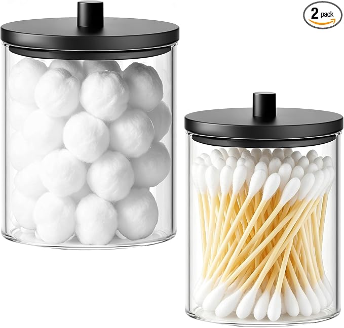 BKYFPQ 2 Pack Glass Qtip Holder Dispenser Set - 15oz & 10oz Apothecary Jars with Lids - Vanity Makeup Organizer and Bathroom Canister Storage Organizer for Cotton Ball, Swab, Round Pads,Floss