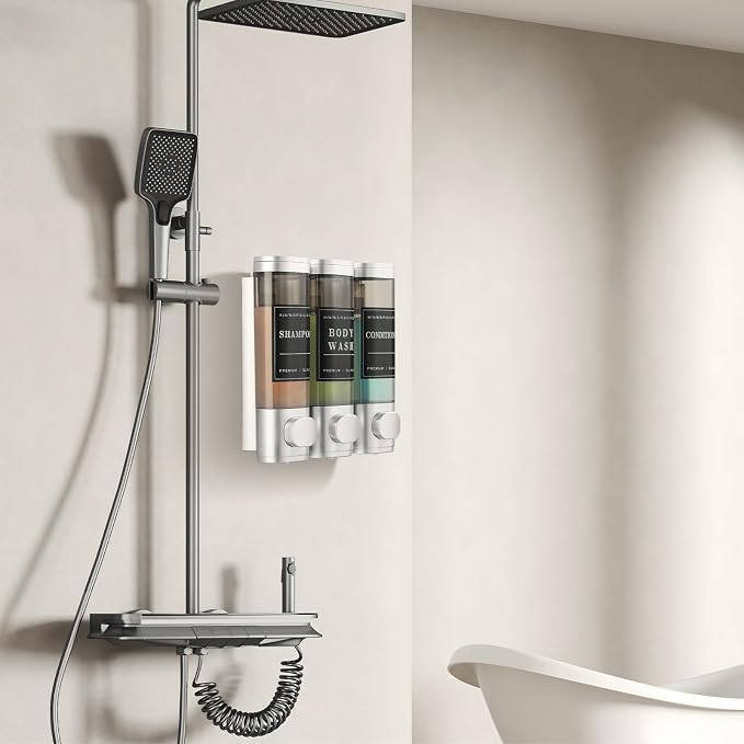 Shower Soap Dispenser Wall Mounted No Drill Shampoo Dispenser for Shower Wall Shampoo and Conditioner Dispenser Bathroom Hotel 3 * 300ml with Waterproof Labels Sliver