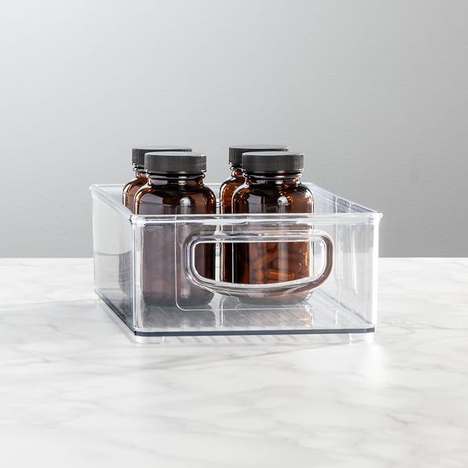 mDesign Plastic Storage Organizer Shallow Container Bin with Handles for Bathroom, Kitchen Cabinet, Pantry, Home Organization - Holds Vitamins, Supplements, Makeup - Ligne Collection - 4 Pack - Clear
