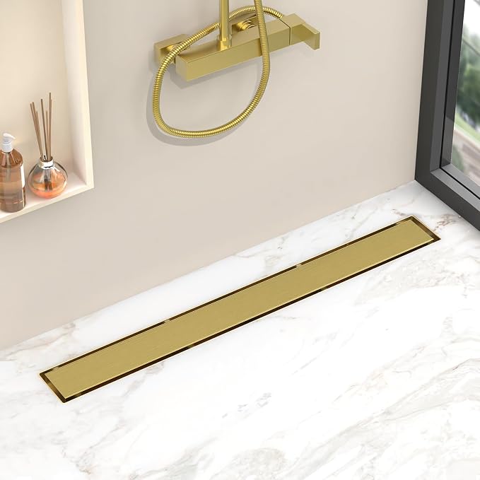 YEFU Gold Linear Shower Drain for Bathroom: 48 Inch Shower Drain with Tile Insert Grate - 304 Stainless Steel Rectangle Linear Drain - 2-in-1 Brushed Gold Shower Floor Drain