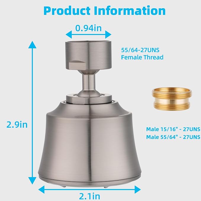 iFealClear Kitchen Sink Faucet Head, 360° Faucet Sprayer Attachment for Kitchen Faucet, Large Angle Faucet Aerator 55/64-27UNS, 2 Metal Swivel Joints, 4 Spray Modes, Metal Adapter, Brushed Nickel