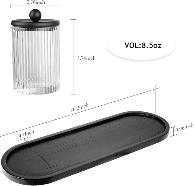 SheeChung 3 Pack Ribbed Glass Qtip Holder with Bamboo Tray & Metal Lids | Modern Industrial Bathroom Organizer Set for Cotton Rounds, Swabs, Flossers - Minimalist Vanity Storage Canister (Black )