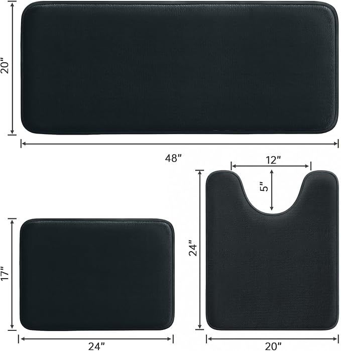 HUXMEYSON 3-Piece Memory Foam Bathroom Rug Set, Black | Quick Dry Velvet Surface, Non-Slip & PVC Backing, Ultra Soft Bath Rugs for Bathroom, 17"x24"+20"x48"+U Shape 20"x24"