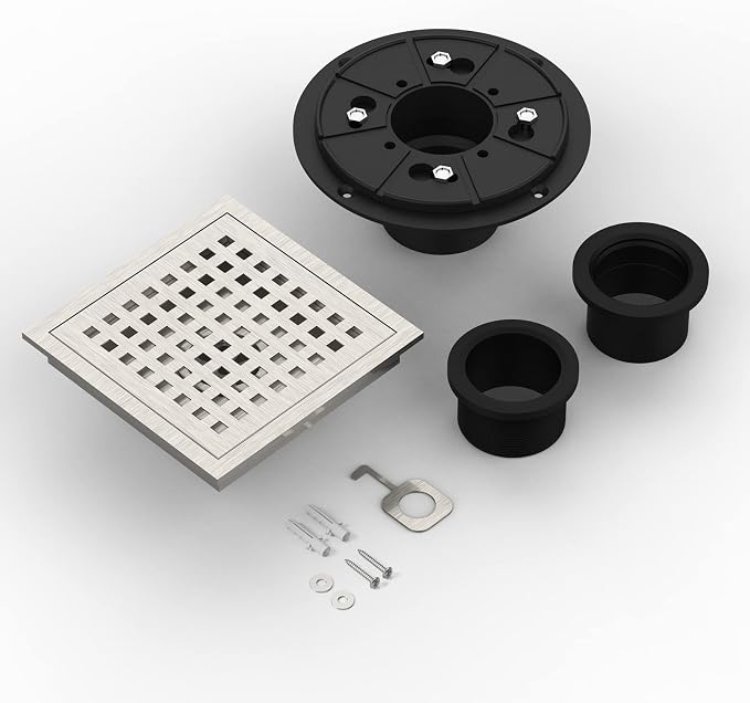 6 Inch Square Shower Floor Drain, Brushed Nickel High Flow Shower Drain Kit with Flange, Removable Grid Cover and Hair Filter, Food-Grade SUS 304 Stainless Steel, CUPC Certified(Brushed Nickel)
