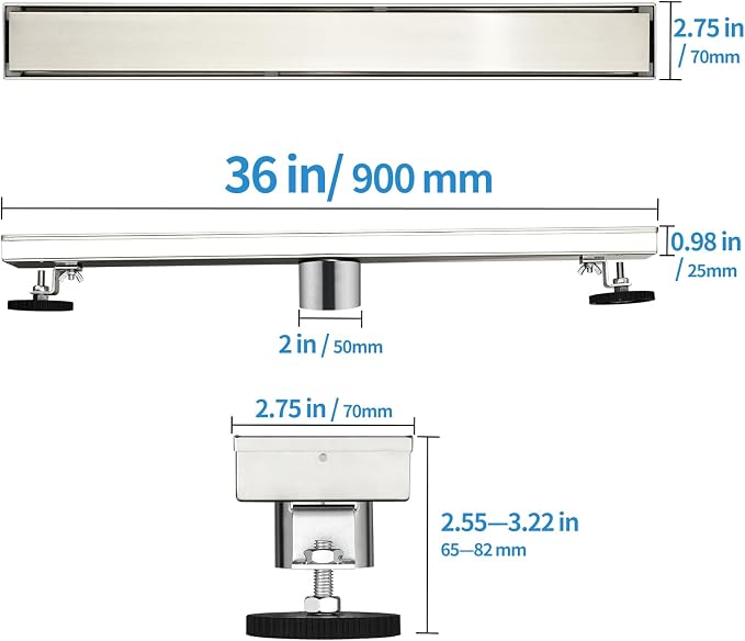 Linear Shower Drain ，36 Inch Brushed 304 Stainless Steel Rectangle Shower Floor Drain，with Reversable Tile-inPattern Drain Cover & Hair Catcher, Adjustable Feet