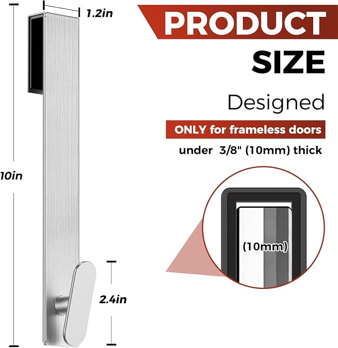 Shower Door Hooks 10 Inch,Extended Heavy Duty Shower Hooks for Towels,Over the Towel Hooks for Bathroom Frameless Glass Door (Silver,2 Pack)