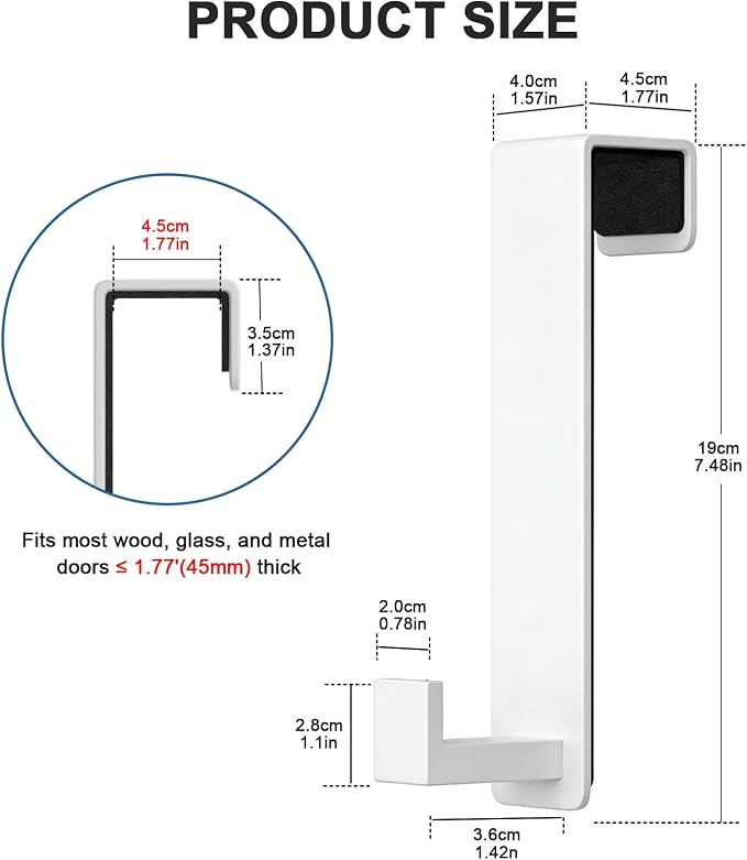 HUFEEOH Over Door Hooks, Stainless Steel Door Hanger with Non-Slip Pads, Easy Install Towel Coat Storage Fits 1-3/4" Thick Door (White, Fits 1-3/4" Thick Door -L Shape - 2 Pack)