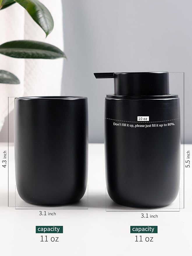 Bosilunlife Soap Dispenser and Toothbrush Holder Set - 11Oz Foam Soap Dispenser Pump Ceramic Bathroom Counter Soap Toothbrush Holder Set Black Bathroom Accessories Set