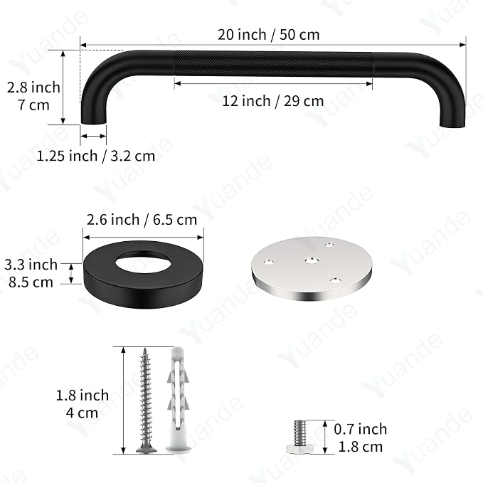 20 Inch Black Shower Grab Bar with Anti-Slip Knurled Grip,YuanDe Stainless Steel Bathroom Grab Bars，Shower Handrail Support, Handicap Elderly Balance Assist Handles