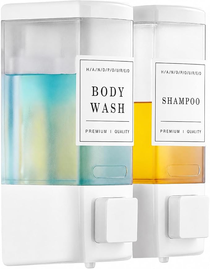 Shampoo and Conditioner Dispenser for Shower, 2 Chamber, White | Clog-Free Pump for Thick Liquids, 16.9oz Large Capacity, No Drill Wall Mounted Compact Design for Small Bathroom