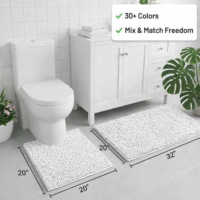 Bathroom Rugs Sets 2 Piece,Super Absorbent Chenille Bath Mats and U-Shaped Toilet Rug,Strong PVC Non Slip Backing,Microfiber Washable Dry Quickly Bath Mats for Bathroom(20"x32"+20"x20"U,White)