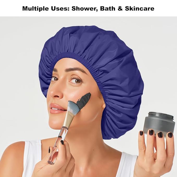 2 Pack Shower Caps for Women, Reusable Waterproof Shower Cap with Elastic Band, Thickened Waterproof Fabric Shower Bonnet for Braids, Long Hair (Black and Blue)