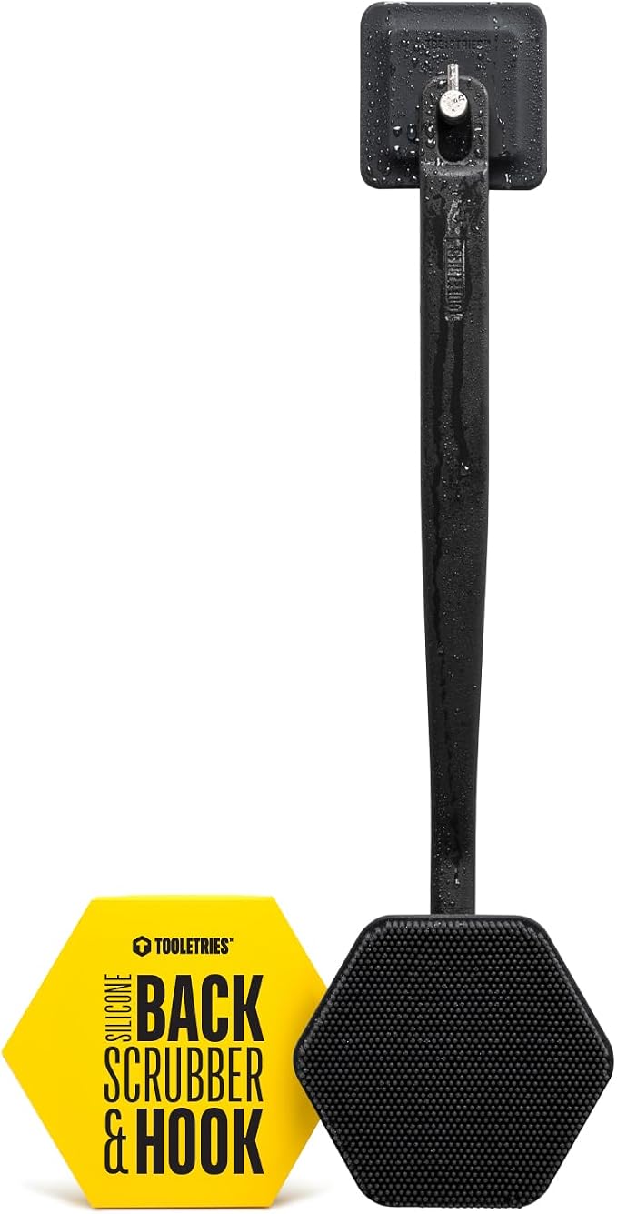 TOOLETRIES Silicone Back Scrubber with Hook, Exfoliating Body & Bath Brush, Long Ergonomic Handle, Non-Slip Grip for Hard-to-Reach Areas, Hygienic Silicone Bath Accessory for Men & Women - Charcoal