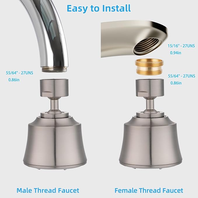 iFealClear Kitchen Sink Faucet Head, 360° Faucet Sprayer Attachment for Kitchen Faucet, Large Angle Faucet Aerator 55/64-27UNS, 2 Metal Swivel Joints, 4 Spray Modes, Metal Adapter, Brushed Nickel