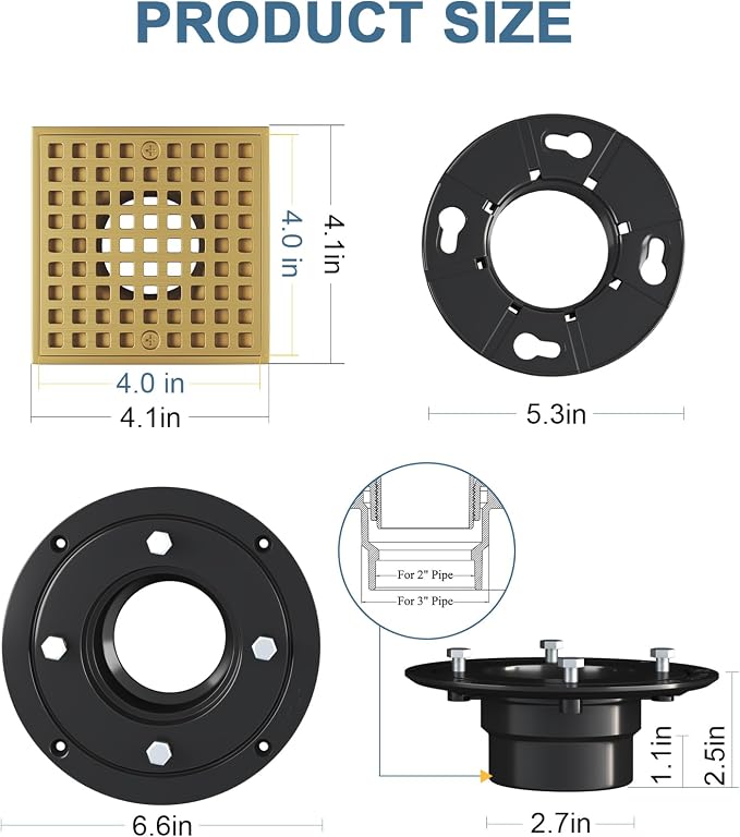 Champagne Bronze 4 Inch Shower Floor Drain with Flange - Square Shower Drain with Hair Strainer - Removable Strainer Cover - SUS304 Stainless Steel - Antique Brass