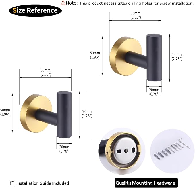 GERZWY Stainless Steel Towel Hook Robe Hook Coat Hook Heavy Duty Wall Mounted Luxury Hooks for Bathroom Hotel 2 Pack (Black & Gold) AG1107B-BD