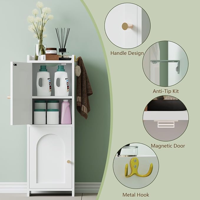 Arbuxzuy Small Bathroom Storage Cabinet,Corner Floor Cabinet with 2 Doors and Adjustable Shelf, Narrow Toilet Paper Cabinets with 2Hooks,Toilet Organizer for Small Spaces，7.87"D*9.84"W*29.72"H(White)